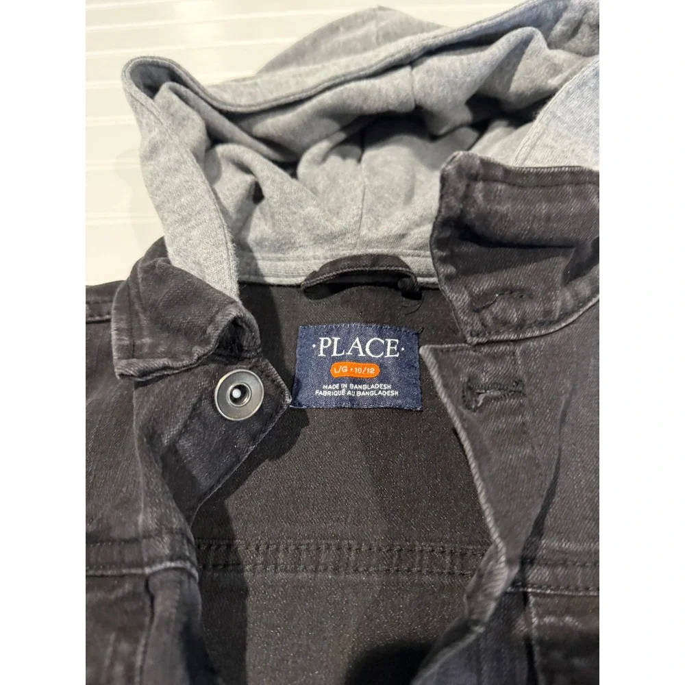 The Childrens Place Kids Black Denim‎ Hooded Trucker Jacket Size L 10/12